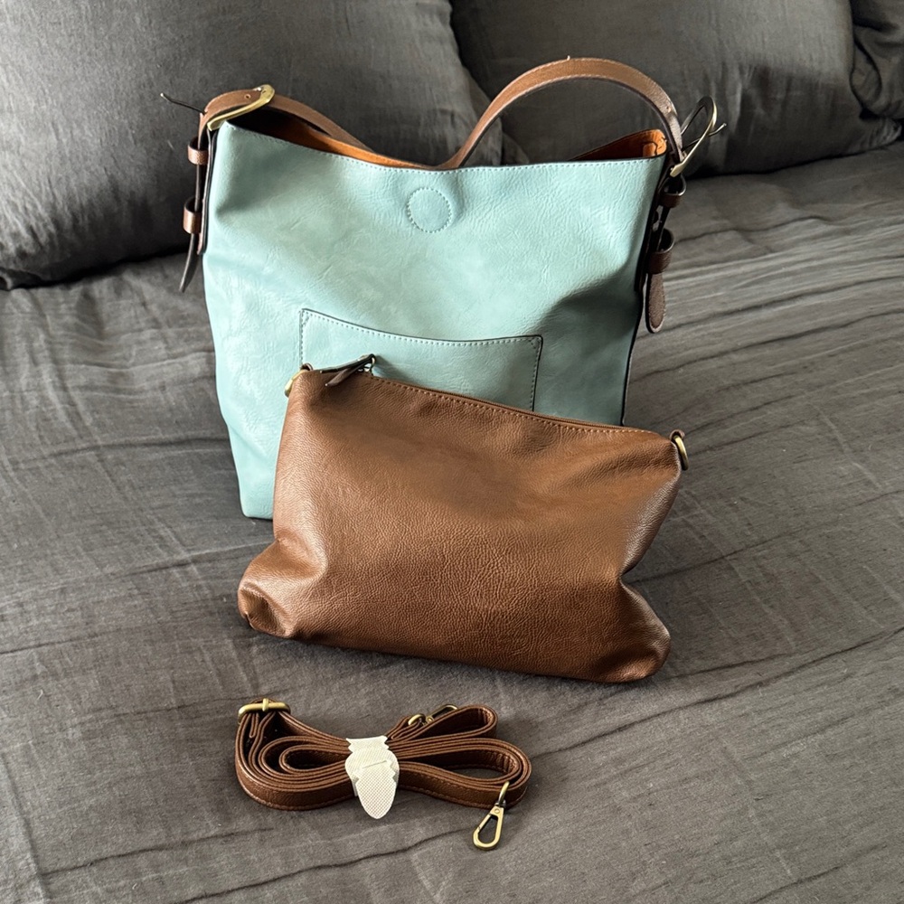 Elegant Blue and Brown Vegan Leather Tote Bag Set